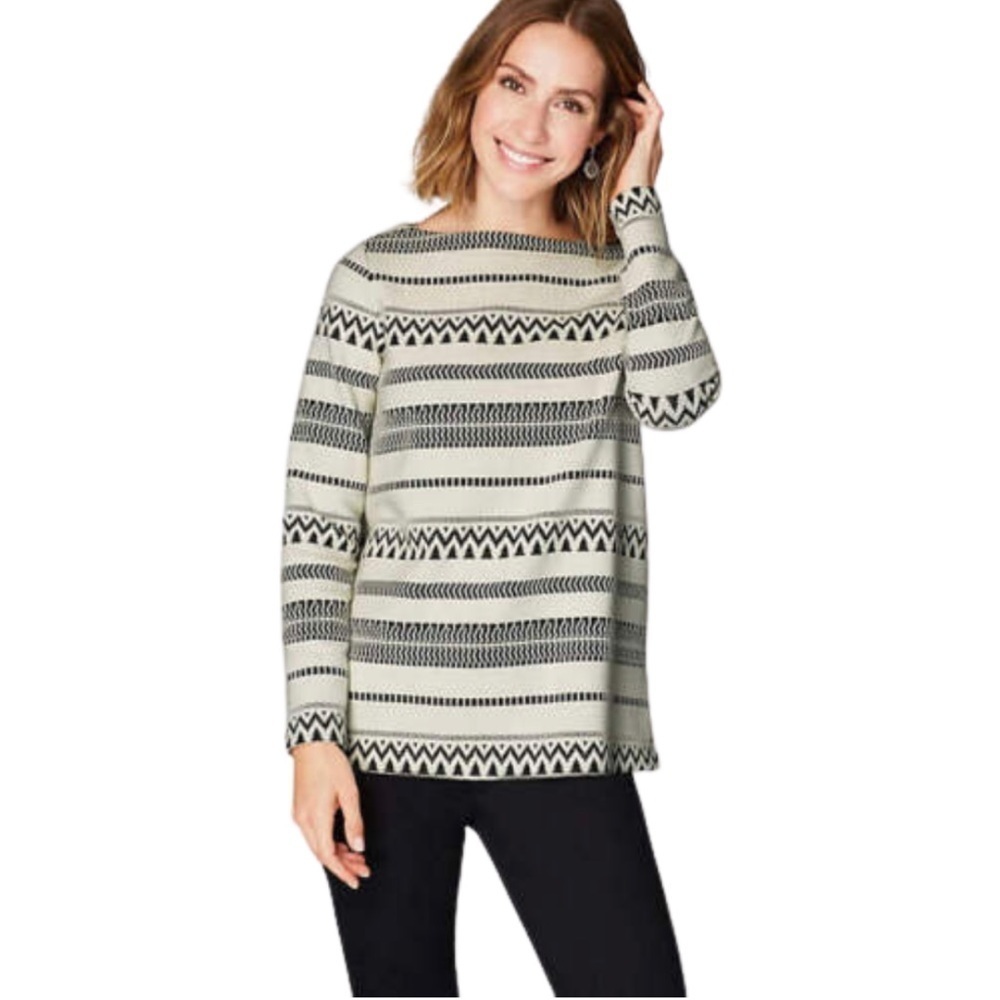 J.Jill XL sweater 3/4 sleeve cream black Aztec print ribbed knit
